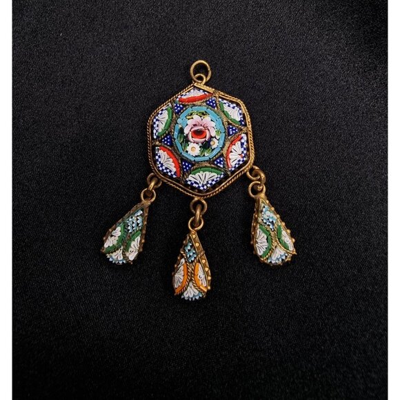 Antique 1920s Made In Italy Micro Mosaic Pendant With Floral Hexagon Design - Picture 3 of 6